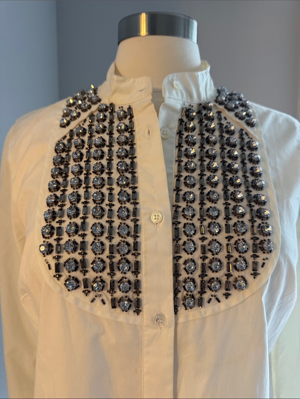 J. Crew Collection NWT Button Up Crystal Beaded Bib Blouse - Cream, Size 10